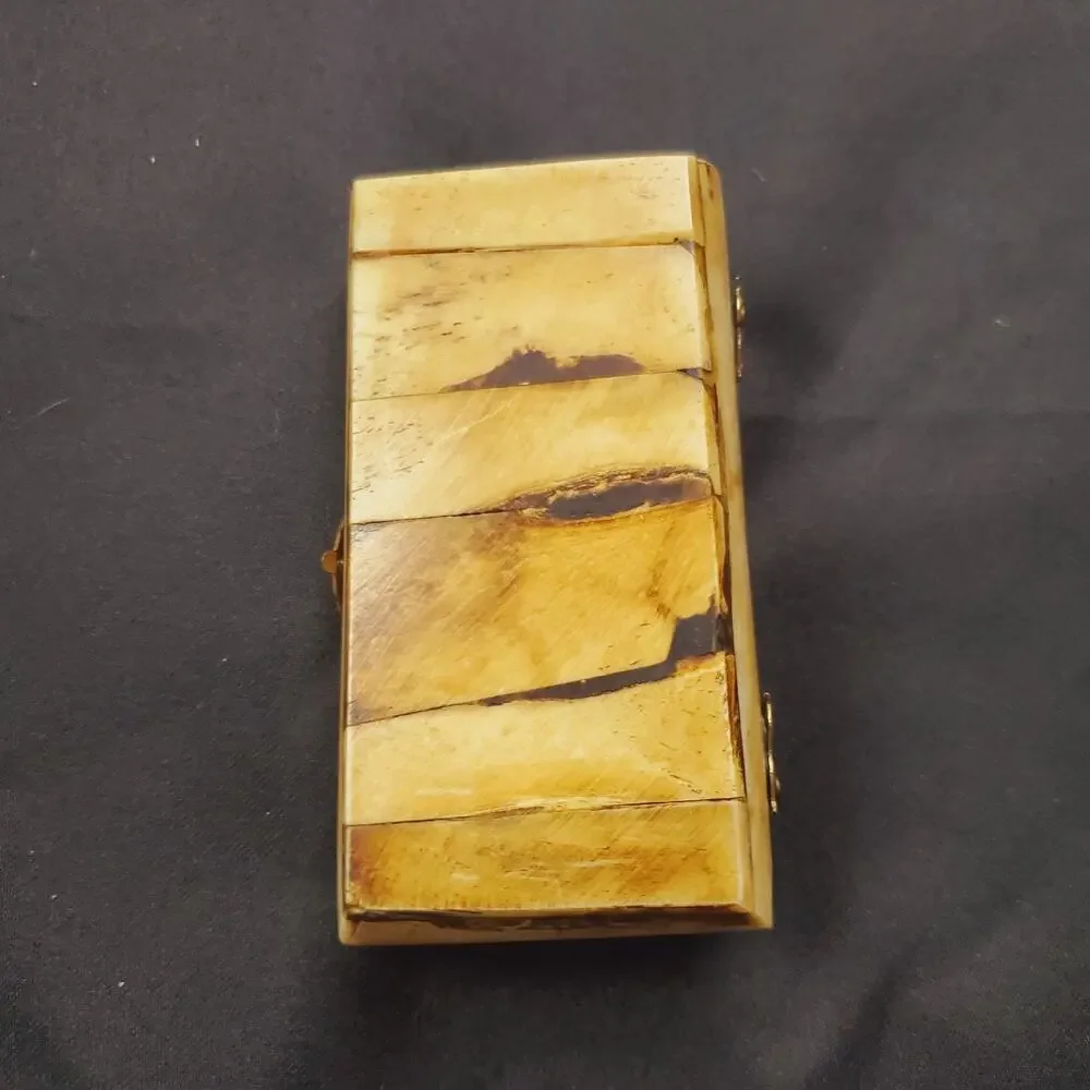 Vintage Camel Bone Jewelry Trinket Box - Brass Inlay Work Handmade Collectible